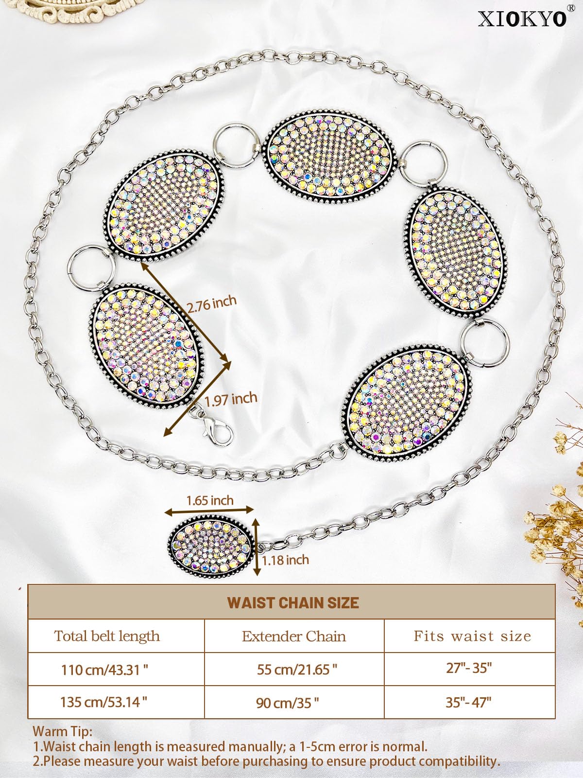 Xiokyo Bling Rhinestone Concho Belt Heavy Metal Western Crystal Chain Belt Cowgirl Sparkly Waist Chain for Women Dress