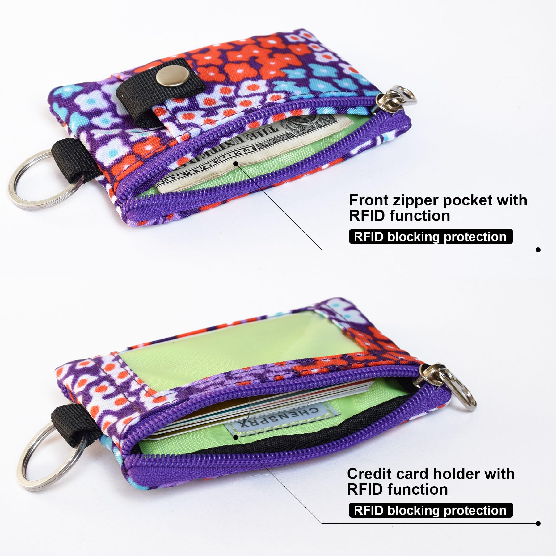 CHENSPRX Small Lanyard Wallet for Women with RFID Blocking,ID Holder,Keychain - Zip ID Card Case and Coin Purse for Travel and Daily Use (Purple Blossom)