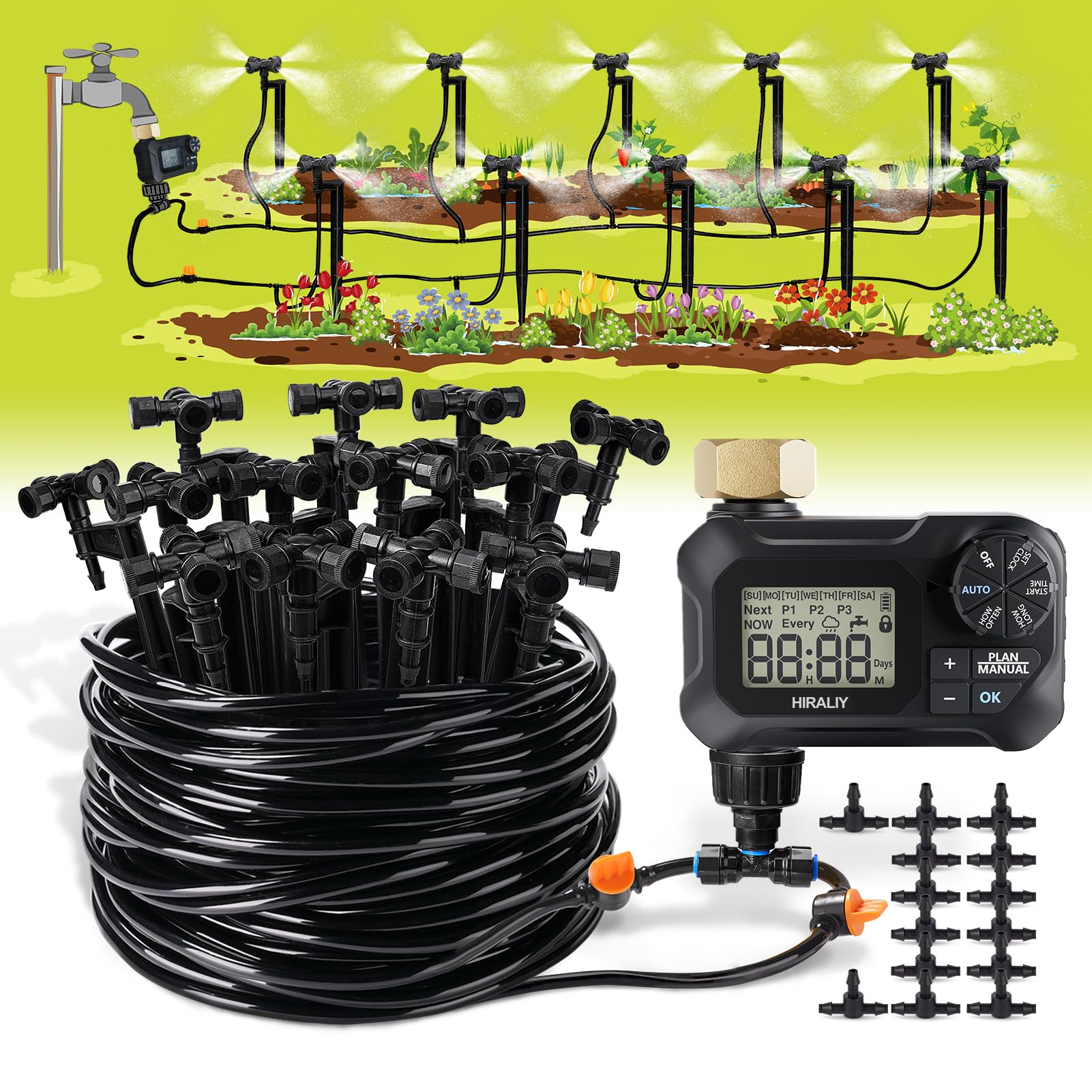 HIRALIY 65FT Automatic Drip Irrigation Kits with Garden Timer, 1/4" Blank Tubing and 4-outlets Misting Watering Nozzles, Auto Plant Watering System for Patio Lawn, Watering Regularly by Timer