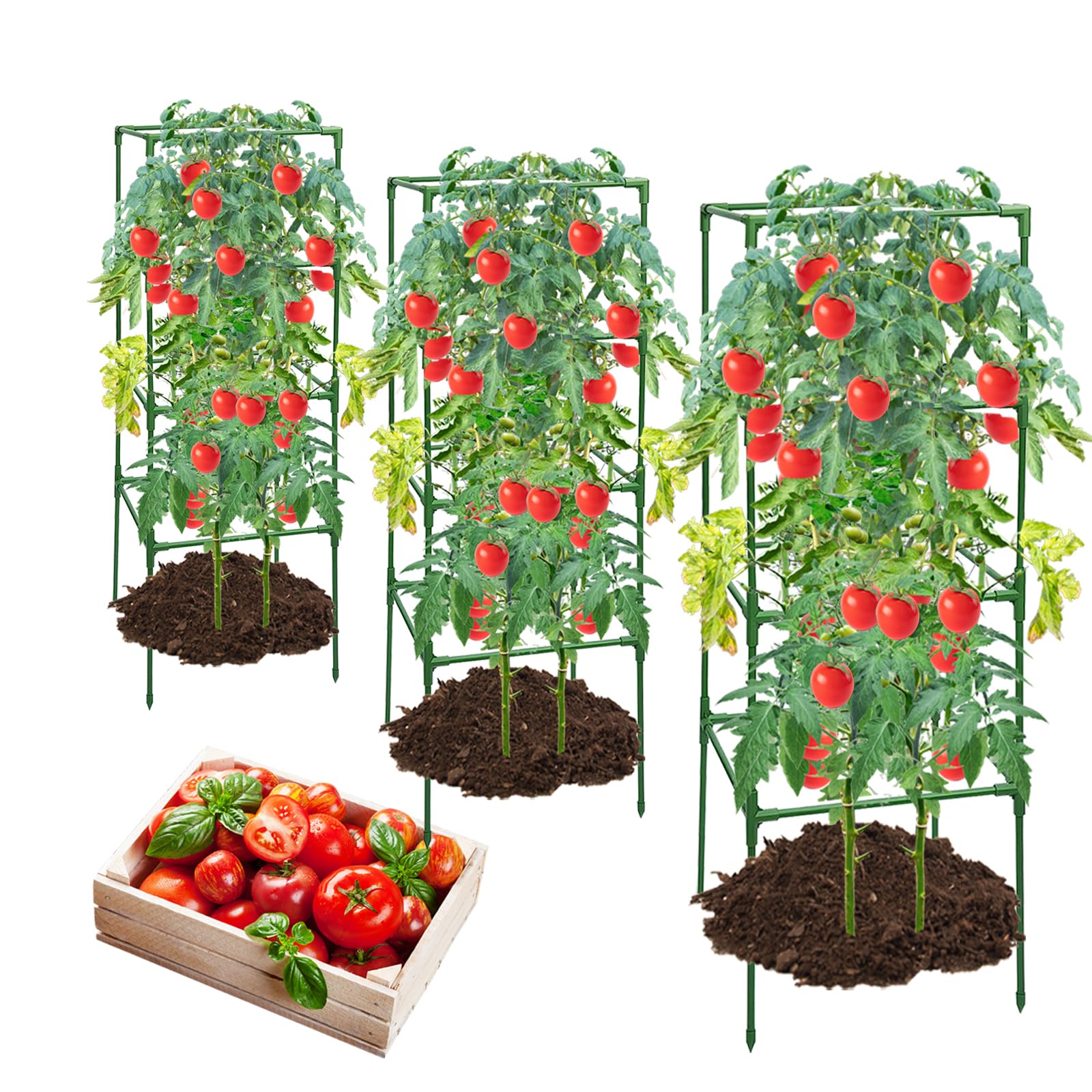 MQHUAYU 3 Pack Tomato Cages, Square Tomato Plant Stakes Support Cages Trellis for Garden Climbing Vegetables Flowers Fruits (3 Pack - Extra Bold)