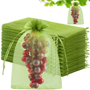 unves 8 x12 inch fruit protection bags, 80 pcs fruit mesh bags drawstring reusable fruit tree netting green bags for fruit & vegetables, garden plant netting cover pest barrier for grape apple pomelo