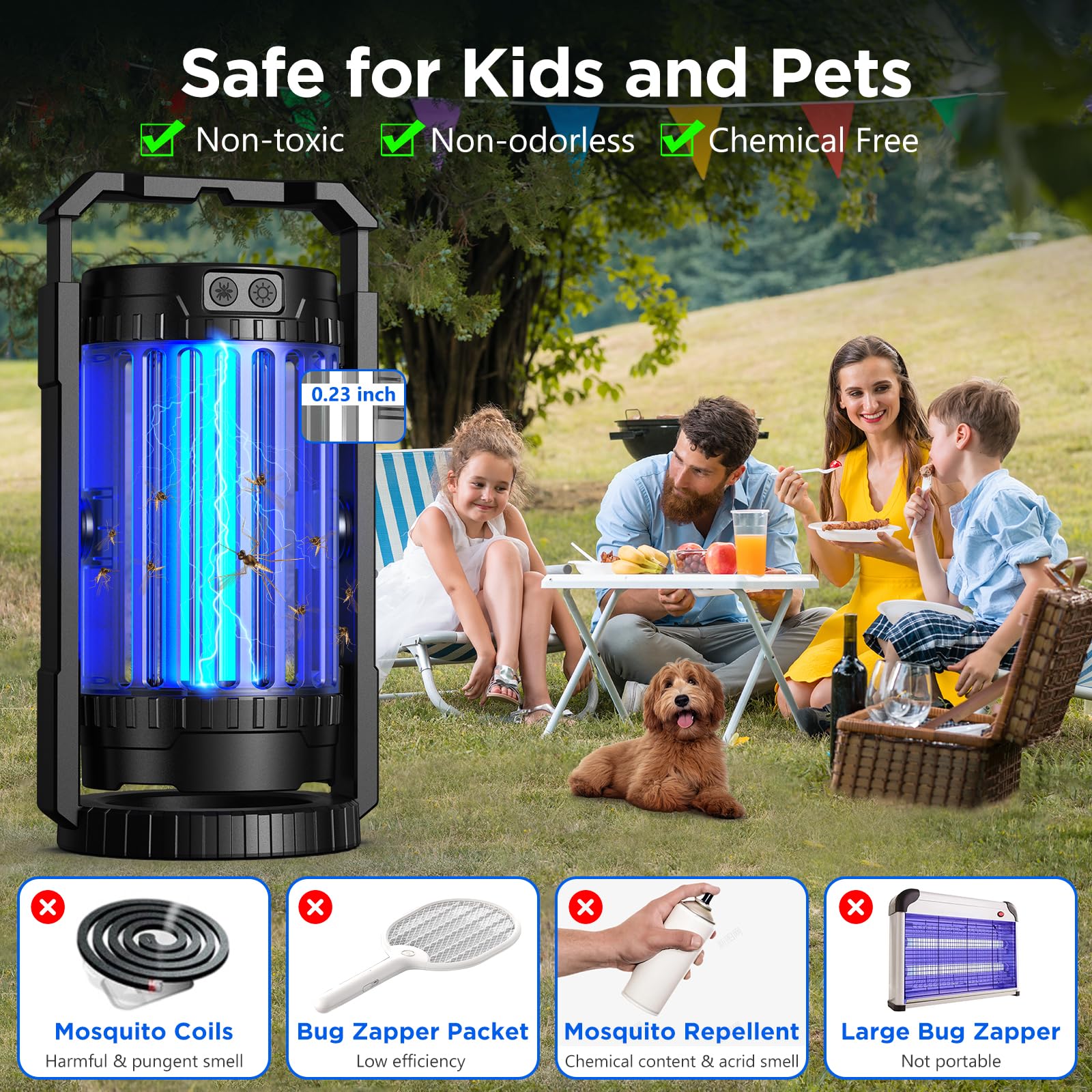 Solar Bug Zapper Outdoor Indoor, Mosquito Zapper with Large-Capacity 5000mAh Battery, 4 in 1 Insect Fly Zapper with Spotlights, Rechargeable & Cordless for Camping, Fishing, Patio, Home Black