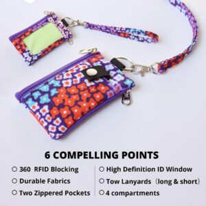 CHENSPRX Small Lanyard Wallet for Women with RFID Blocking,ID Holder,Keychain - Zip ID Card Case and Coin Purse for Travel and Daily Use (Purple Blossom)