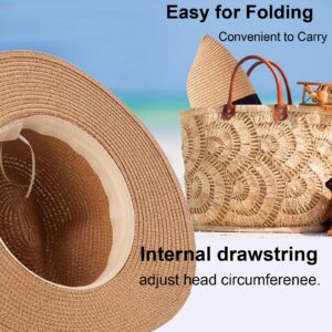 MEINICY 3PCS Womens Wide Brim Beach Hat Roll up Panama Straw Sun Hat Fedora Summer UV Protection Floppy Hat (Black+Brown+Beige)