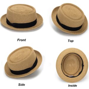 Men/Women Summer Straw Pork Pie Hat Boater Derby Fedora Sun Hats with Bowknot(S/M)