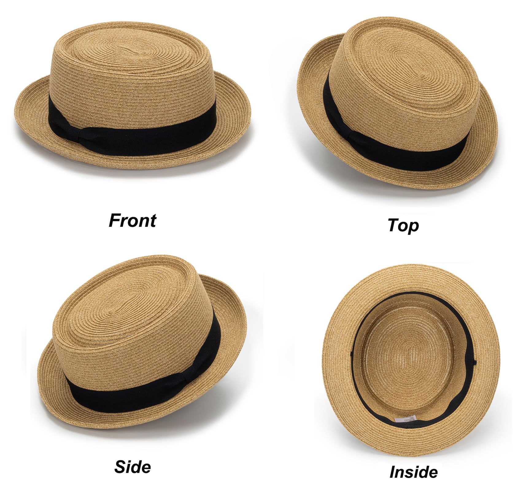 Men/Women Summer Straw Pork Pie Hat Boater Derby Fedora Sun Hats with Bowknot(S/M)