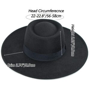 Wide Brim Panama Fedora Hat - Warm Felt Flat Top Pork Pie Cap for Women Men (Size:M/L) (US, Alpha, Medium, Large, Black)