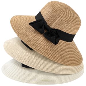 meinicy 3pcs sun hat beach straw hat for women wide brim foldable roll up summer upf 50+ hat (ivory+brown+beige)