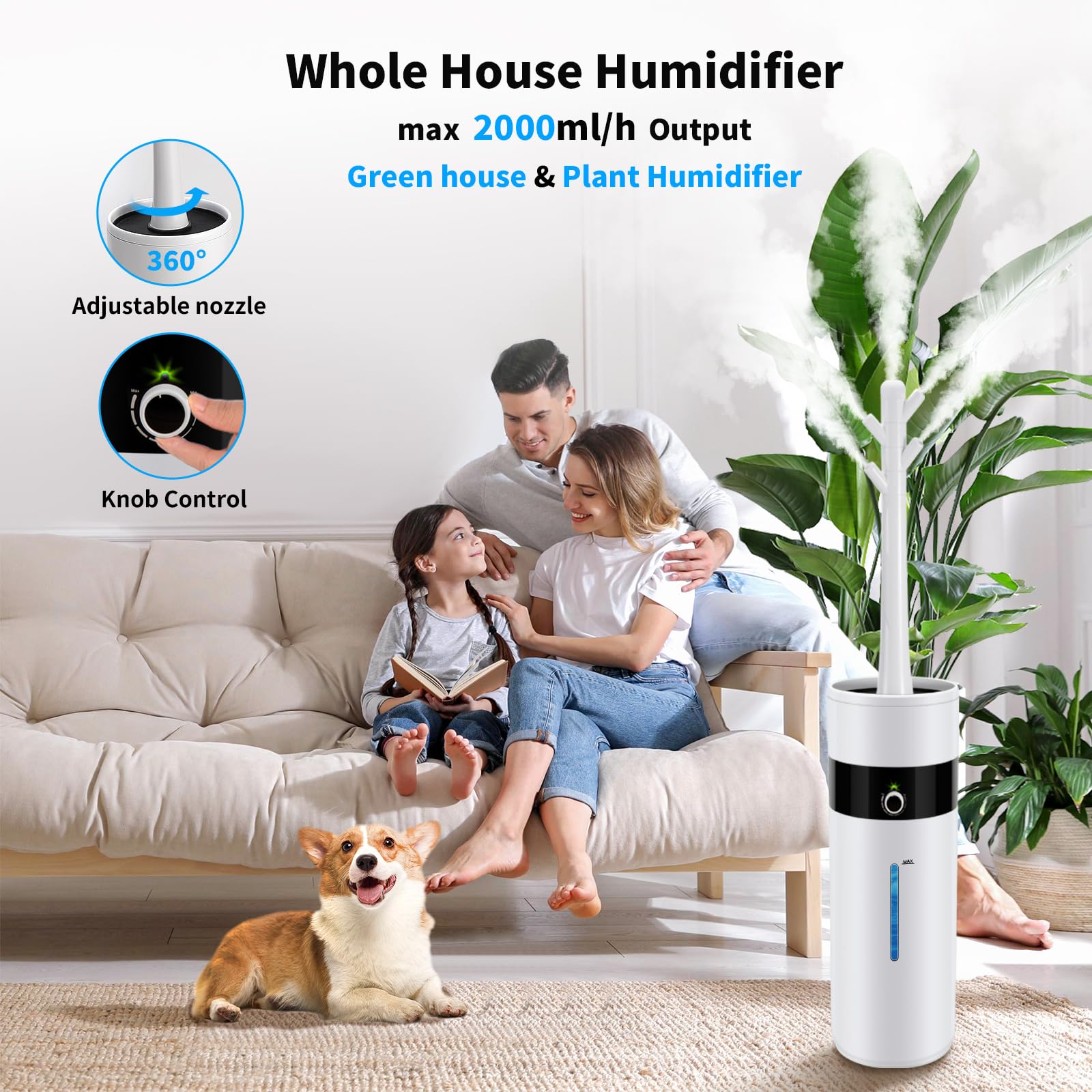 Tower Humidifiers for Large Room 1000 sq ft,Hioo 18L 4.76Gal Ultrasonic Topfill Cool Mist Air Humidifier with 360° Nozzle for Baby Plant Yoga Home Office Bedroom Greenhouse Warehouse