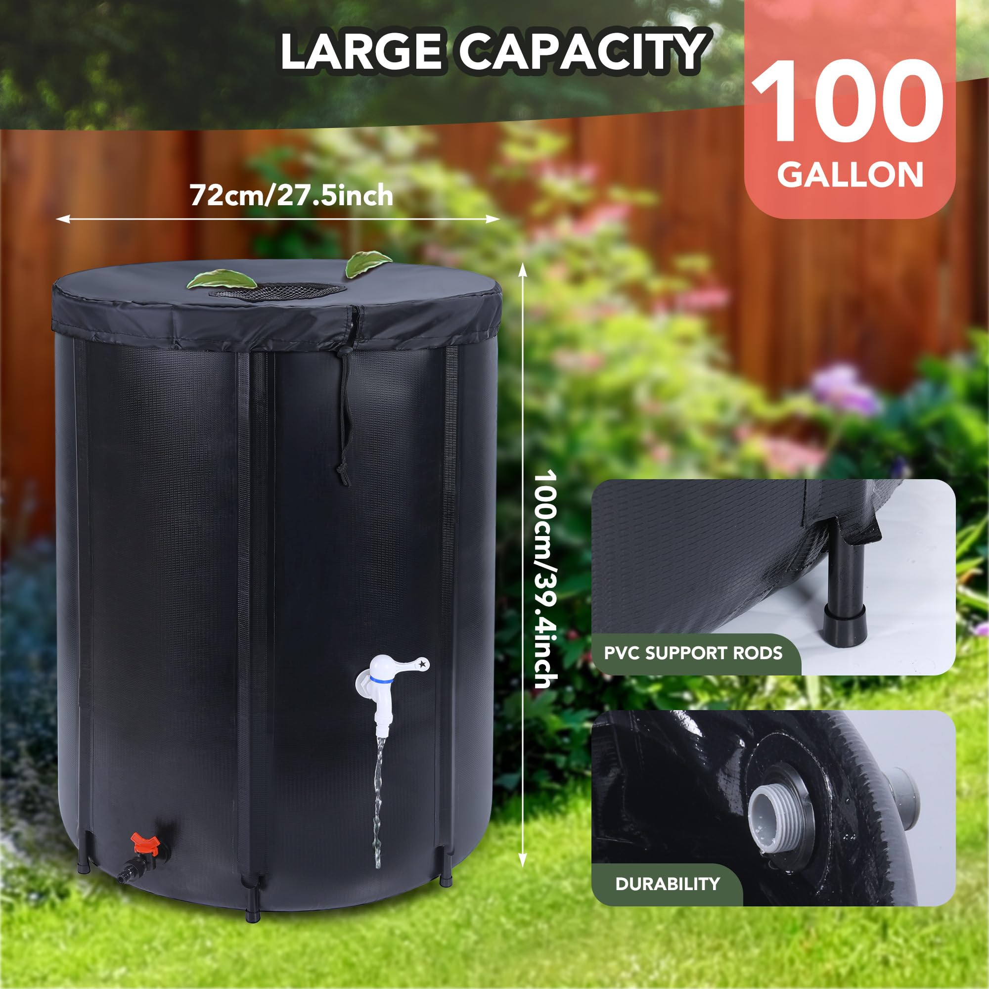 Rihogar 100 Gallon Rain Barrel Water Tank, Portable Water Storage Tank, Large Rain Water Collection Barrel, Collapsible Rain Water Catching System with Spigot Overflow Kit, Black