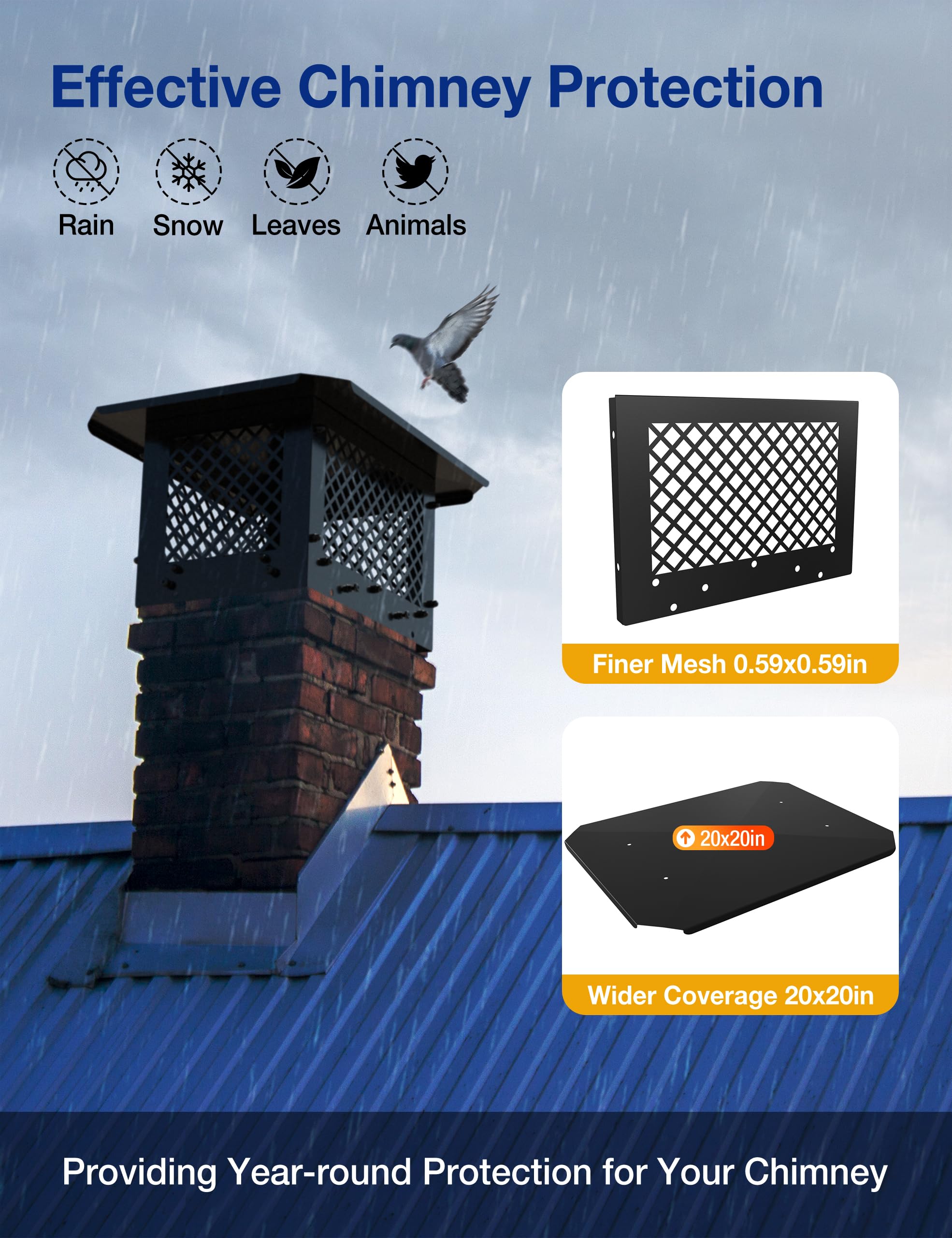 Hahaemall Chimney Cap, 14" x 14" Chimney Cover, Chimney Rain Caps, Fireplace Chimney Caps for Outside Adjustable Bottom to Fit Existing Clay Flue Tile Sizes, Black