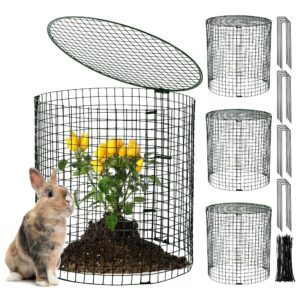 hiboom 4 set garden plant protectors from animals with stakes, metal mesh and detachable covers wire plant cage for keeping bunny animals out, chicken wire plant cover garden protection (dark green)