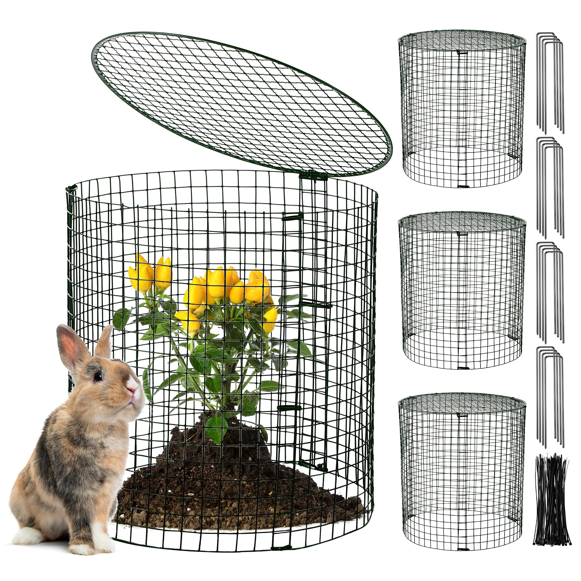 Hiboom 4 Set Garden Plant Protectors from Animals with Stakes, Metal Mesh and Detachable Covers Wire Plant Cage for Keeping Bunny Animals Out, Chicken Wire Plant Cover Garden Protection (Dark Green)