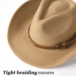 FURTALK Straw Cowboy Sun Hats for Women Men Western Cowgirl Hats with Wind Lanyard UPF 50+ Beach Hat Khaki