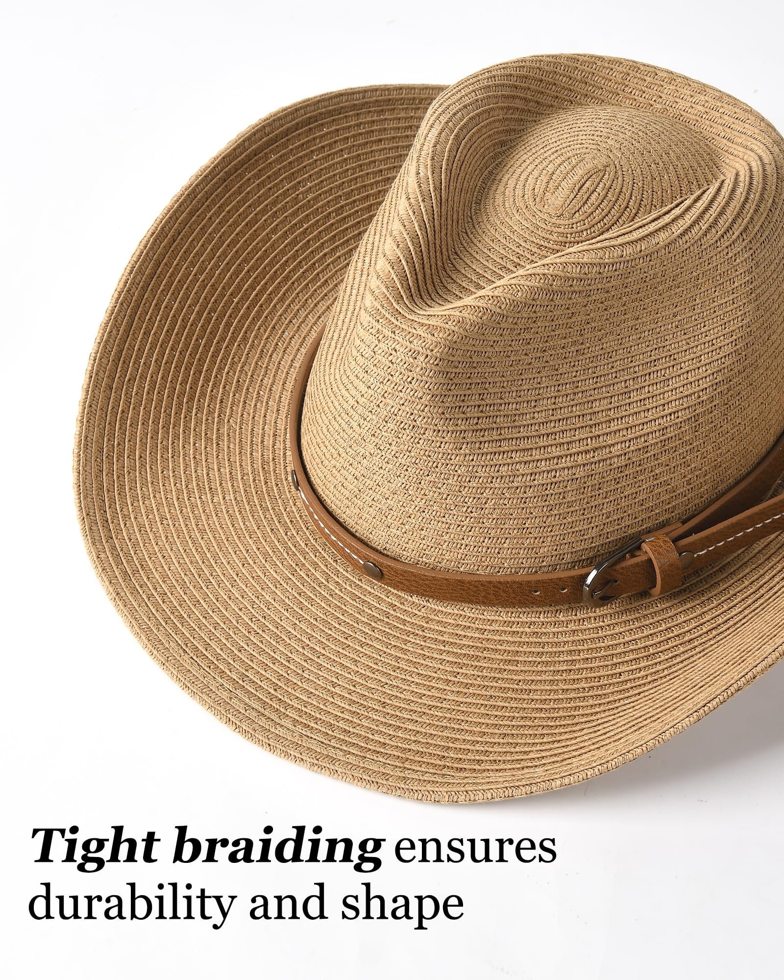 FURTALK Straw Cowboy Sun Hats for Women Men Western Cowgirl Hats with Wind Lanyard UPF 50+ Beach Hat Khaki