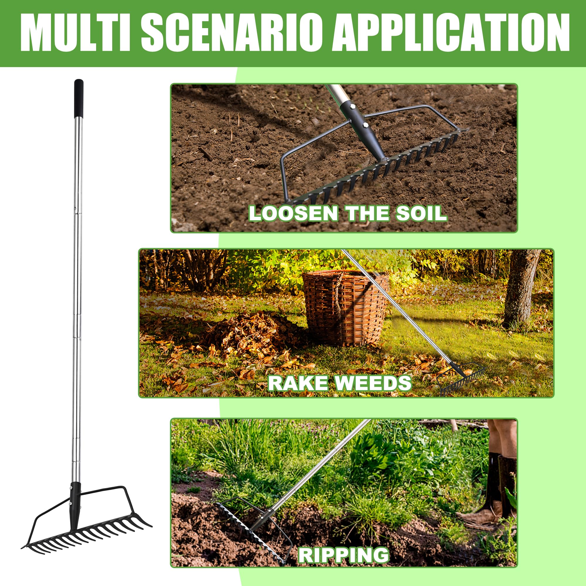 YEELOR Garden Rake, Carbon Steel Sturdy and Heavy Duty Carbon Rake, Bow Rake with Adjustable Stainless Steel Handle, Long Hand Rake for Loosening Soil Leveling Mulch Gathering Leaf