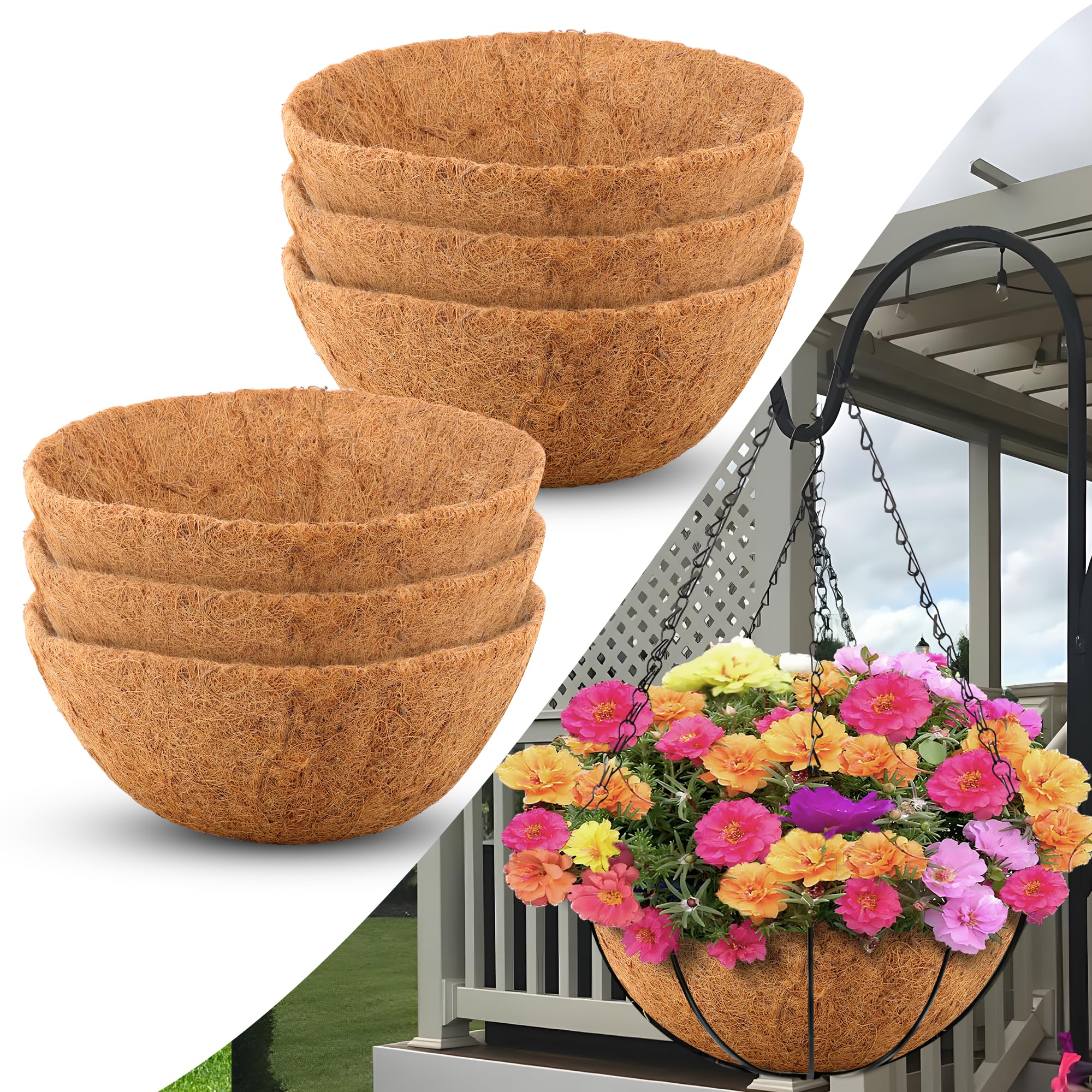 Sinimaka Coco Liners for Planters 14 Inch, 6 Pack Round Hanging Basket Liners, Coconut Fiber Liners for Planters Flowers Garden