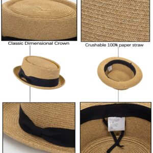 Pork-Pie-Hat-for-Men-Women Straw-Boater-Hat Summer-Sun-Derby-Fedora with Bowknot