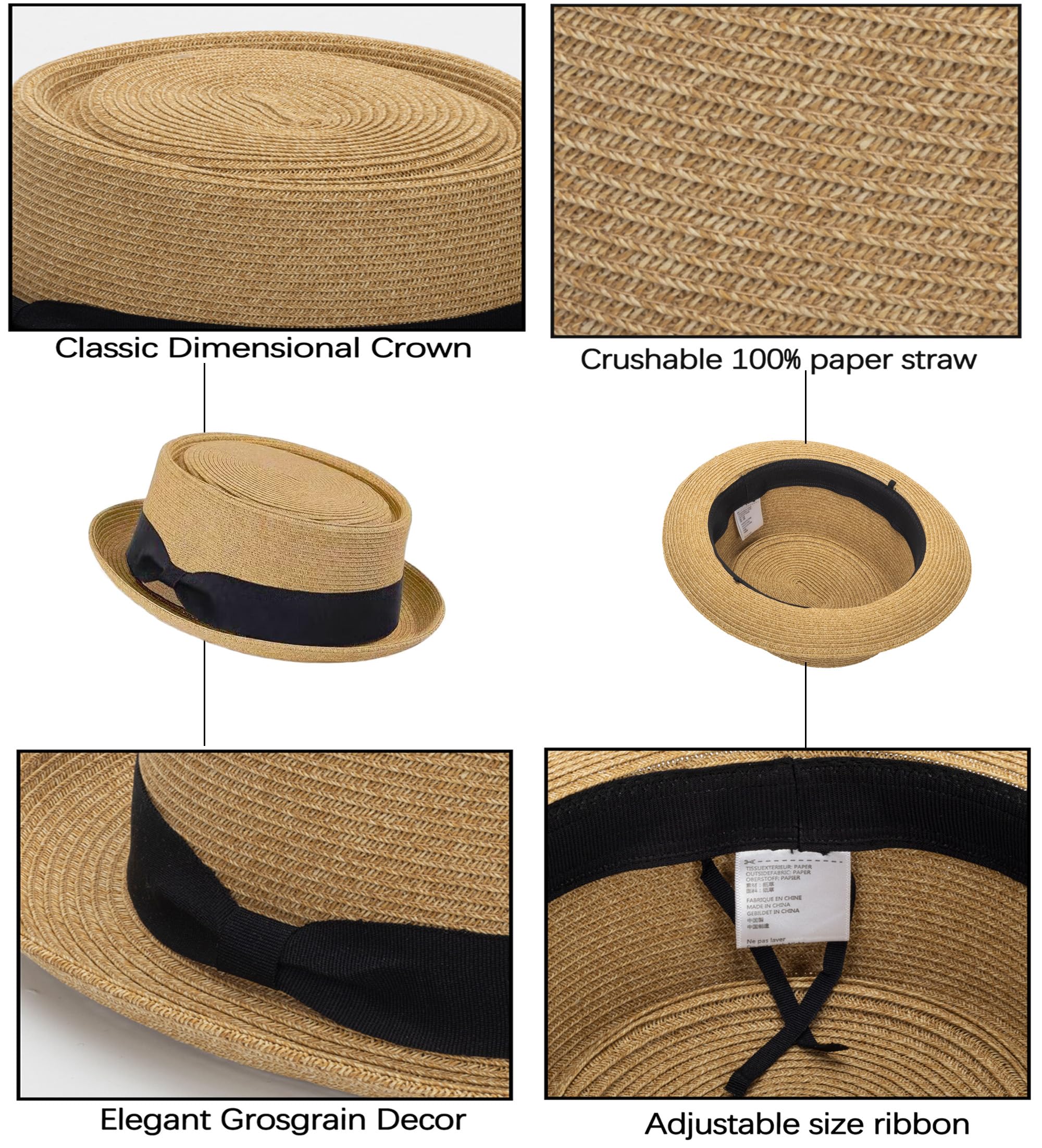 Pork-Pie-Hat-for-Men-Women Straw-Boater-Hat Summer-Sun-Derby-Fedora with Bowknot