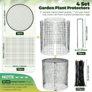 Hiboom 4 Set Garden Plant Protectors from Animals with Stakes, Metal Mesh and Detachable Covers Wire Plant Cage for Keeping Bunny Animals Out, Chicken Wire Plant Cover Garden Protection (Dark Green)