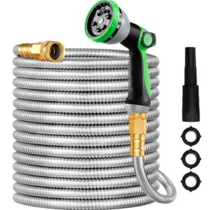 Vorey Metal Garden Hose, 100FT Lightweight 304 Stainless Steel Water Hose with Multifunction Nozzle & Sprayer, Flexible, High Pressure, No Kink, Puncture Proof Hose for Yard, Outdoors