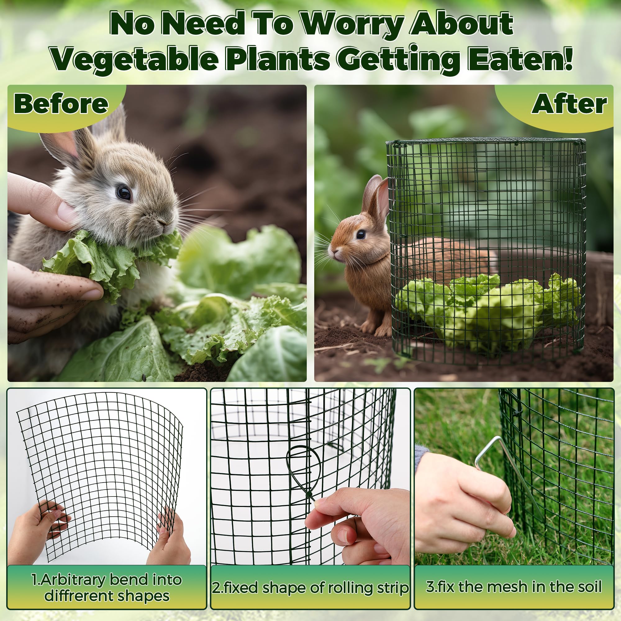 Hiboom 4 Set Garden Plant Protectors from Animals with Stakes, Metal Mesh and Detachable Covers Wire Plant Cage for Keeping Bunny Animals Out, Chicken Wire Plant Cover Garden Protection (Dark Green)