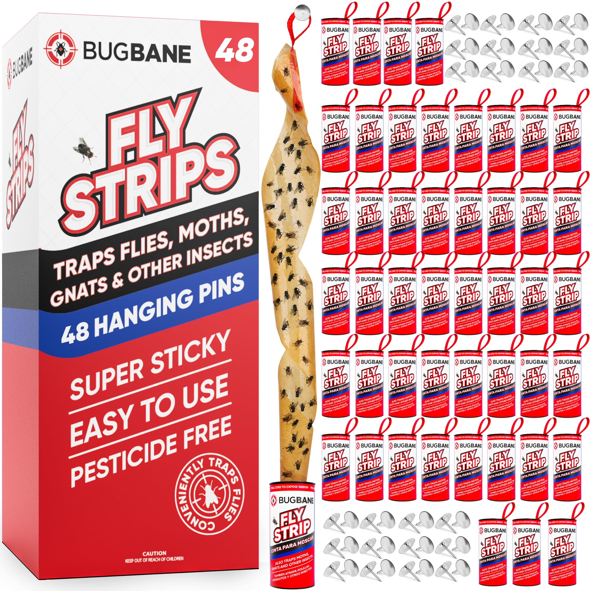 48 Fly Strips Indoor Sticky Hanging with Pins. Fly Trap Fly Paper Strips Indoor Hanging Fly Tape for Indoors and Outdoor. Fly Catcher Fly Ribbon Sticky Fly Traps for Indoors Flypaper. Fruit Gnat Traps