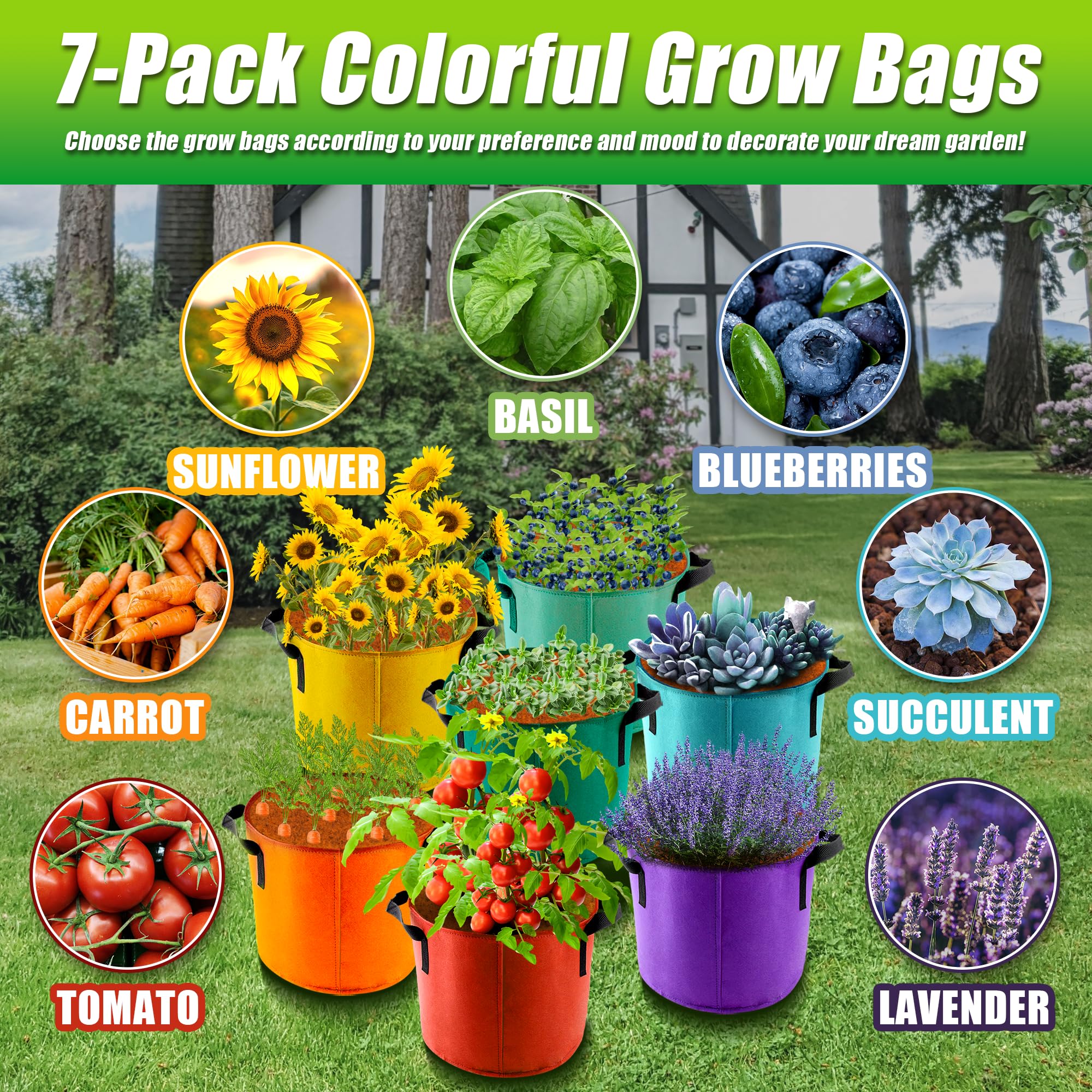 Sinimaka 5 Gallon Grow Bags, 7 Pack Colorful Fabric Plant Pots with Handles for Garden and Outdoor Planting