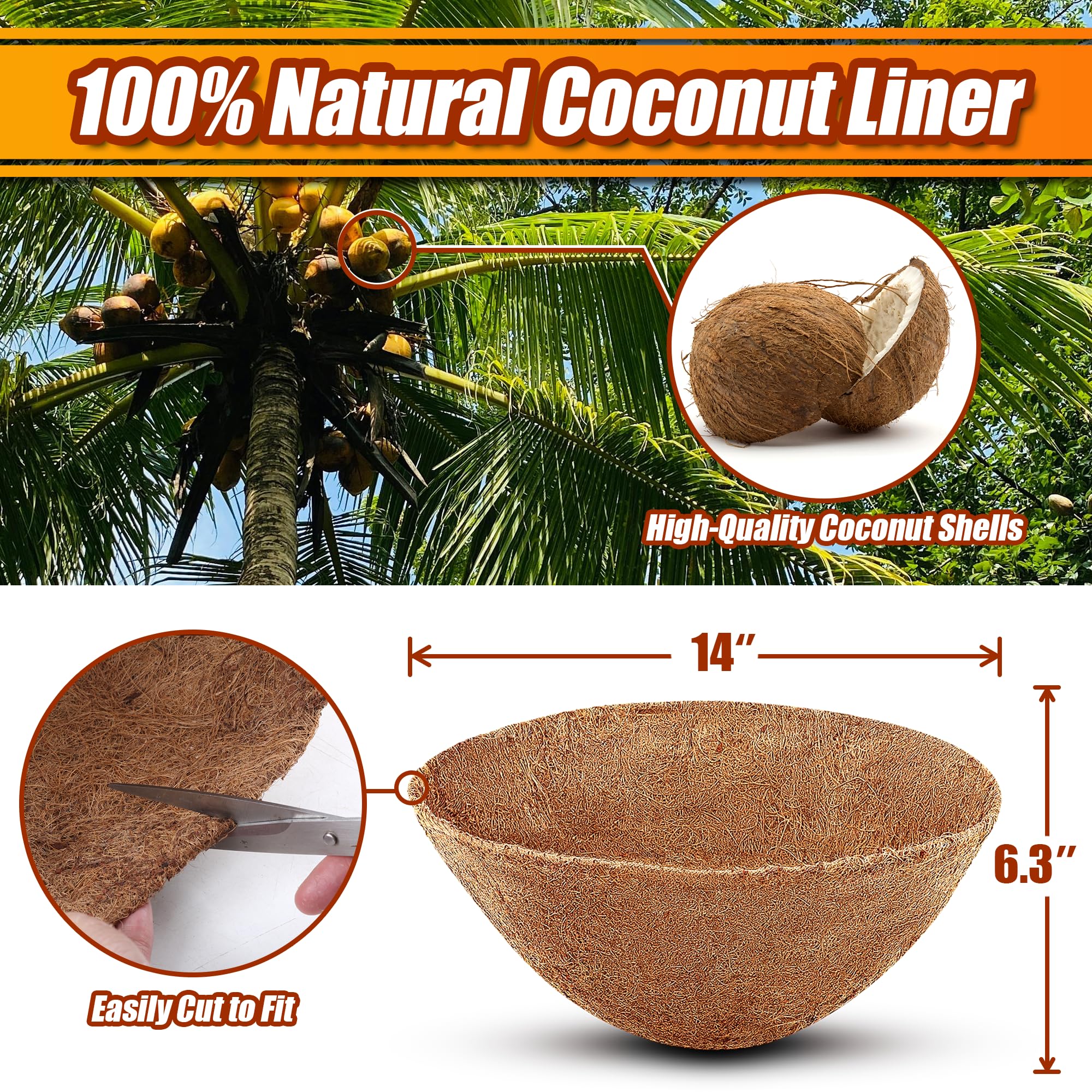 Sinimaka Coco Liners for Planters 14 Inch, 6 Pack Round Hanging Basket Liners, Coconut Fiber Liners for Planters Flowers Garden