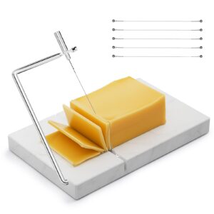 cheese slicer - cheese cutter with 5 replacement upgrade thick cutting wires - heavy duty 5" x 8" marble board cheese slicer for block cheeses, butter, etc - kitchen gadget cheese slicer tool - white