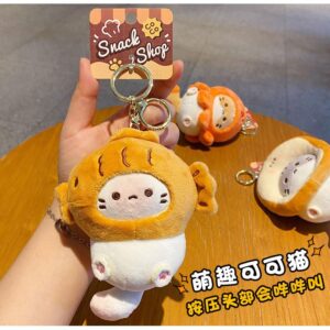 HSYHERE Men Women Creative Interesting Funny Cute Stylish Wearing Food Shrimp Bread Hat Soft Cat Plush Kitty Keychain Key Ring, Valentine Lover Christmas New Year Gift Bag Pendant -Fish