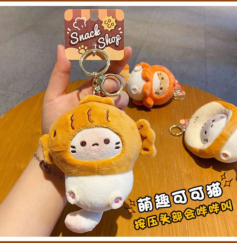 HSYHERE Men Women Creative Interesting Funny Cute Stylish Wearing Food Shrimp Bread Hat Soft Cat Plush Kitty Keychain Key Ring, Valentine Lover Christmas New Year Gift Bag Pendant -Fish