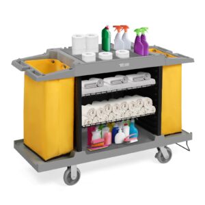 tuffiom industrial multifunctional hotel cart,commercial traditional cleaning janitorial room service housekeeping cart, 39" h x 58" w x 21" d