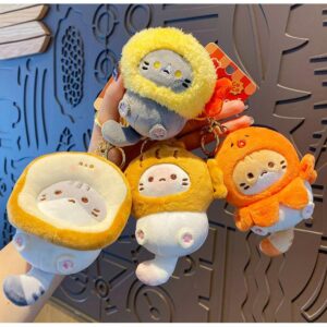 HSYHERE Men Women Creative Interesting Funny Cute Stylish Wearing Food Shrimp Bread Hat Soft Cat Plush Kitty Keychain Key Ring, Valentine Lover Christmas New Year Gift Bag Pendant -Fish