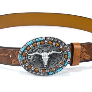 FGSS Western-Cowboy-Leather-Belts for Women Turquoise-Oval-Buckle Embossed Cowgirl Belt for Jeans Pants