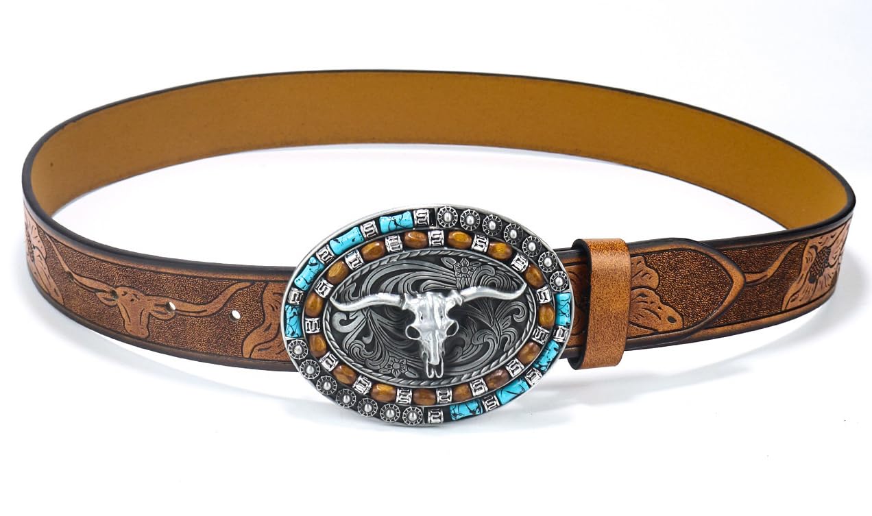 FGSS Western-Cowboy-Leather-Belts for Women Turquoise-Oval-Buckle Embossed Cowgirl Belt for Jeans Pants