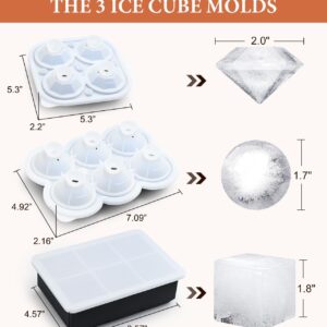 Dclobtop Ice Cube Trays and Ice Molds, Silicone Ice Cube Molds for Freezer with Lid, Diamond & Sphere Ice Ball Maker & Square Ice Cube Maker for Whiskey, Cocktails and Homemade, Reusable