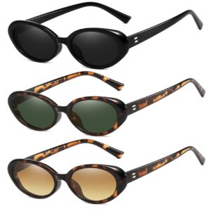 MUNSADE 3 Pieces Vintage Oval Sunglasses for Women Fashion Small Frame Retro 90s Sun Glasses UV400 Protection