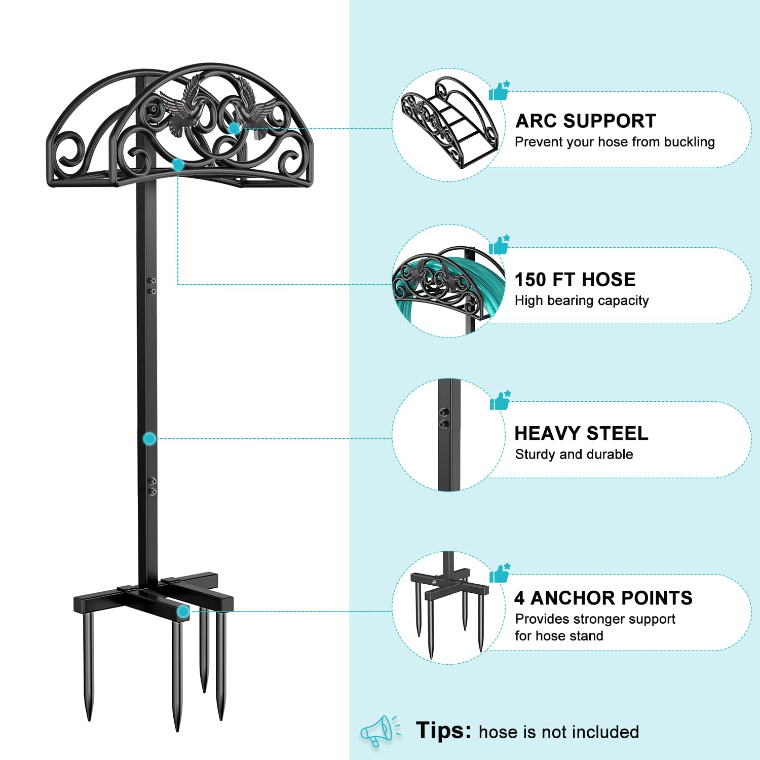 Keten Garden Hose Holder, 4-Prongs Base Freestanding Outdoor Hose Stand Holds 150-feet Hose, Heavy Duty Water Hose Holder Rack and Storage Organizer for Lawn/Yard/Garden (Bird-Style-1)