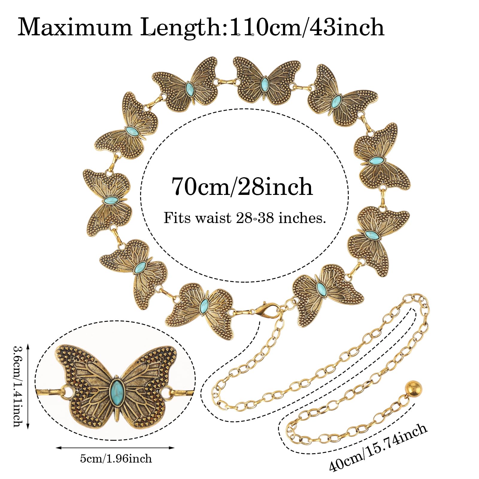 Amaxiu Butterfly Metal Waist Chain Belt, Women Western Belt Adjustable Link Belt Turquoise Waist Belt for Dress Jeans(Gold)