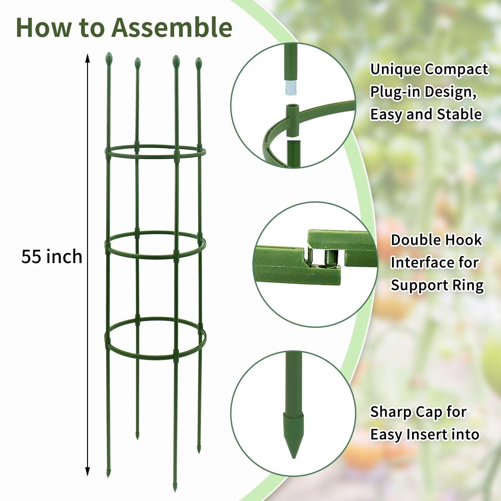 Growsun Tomato Cage for Garden Upto 55 inch Flexible Plant Stake Planter Climbing Trellis Supports, Twist Ties Include, 3 Pack