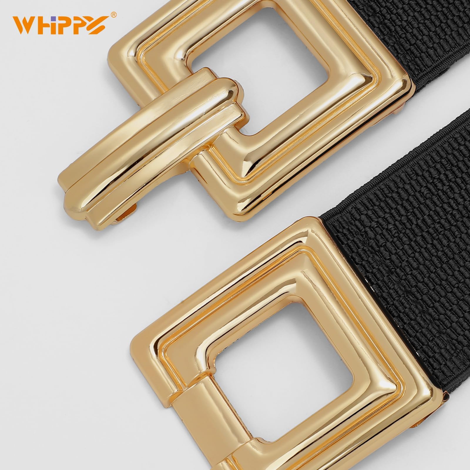 WHIPPY Women Wide Elastic Waist Belt Fashion Hollow Out Square Gold Buckle Stretchy Belt Waistband for Ladies, Black, XL