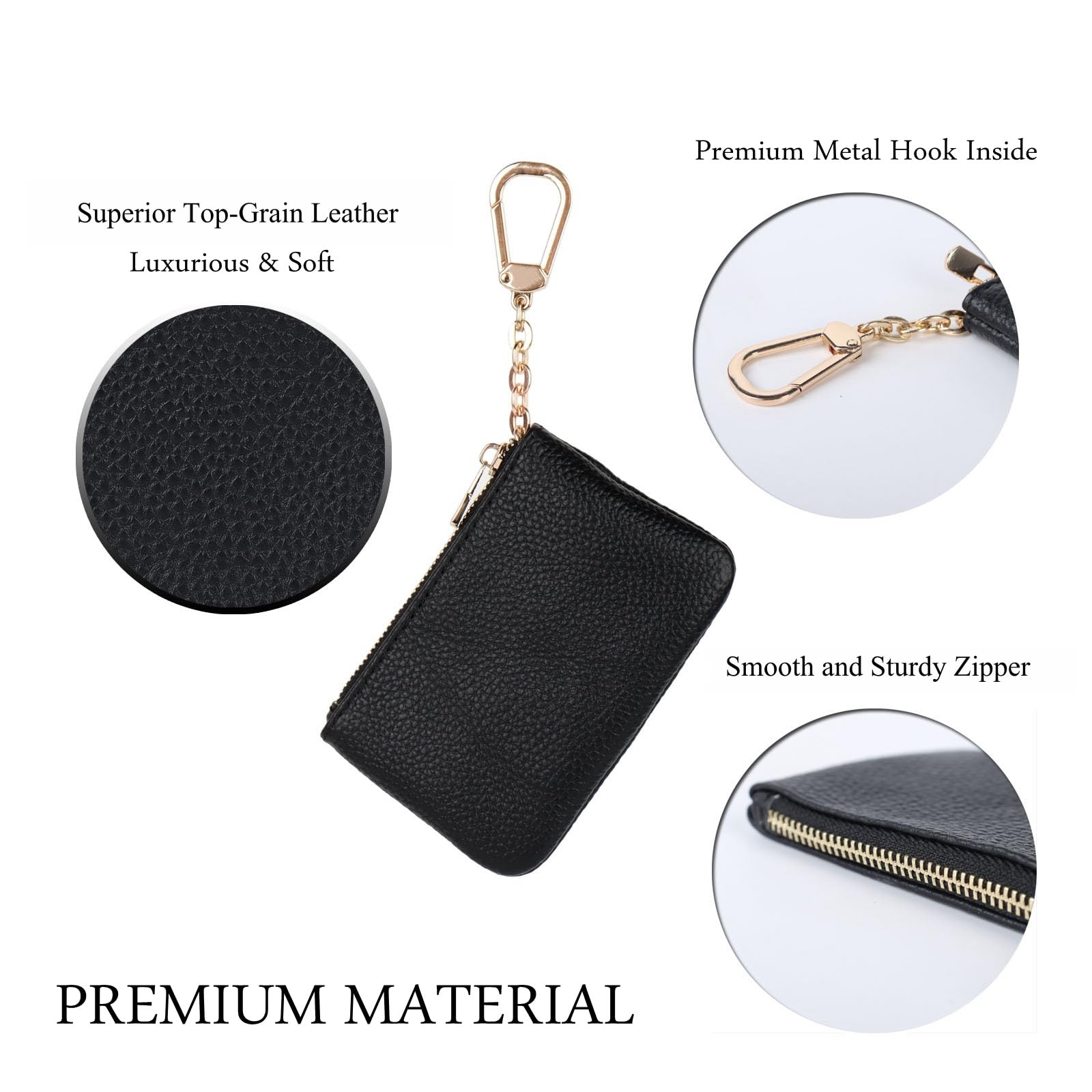 LARENNT Full Grain Leather Coin Purse with Key Chain - Small Change Purse Keychain Card Holder Keychain Pouch Small Keychain Wallet for Women and Men (Black)