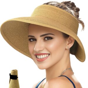 Straw Sun Visor Hats for Women, Pakcable Roll-Up Wide Brim Ponytail Summer Beach Hat, Straw Hats for Women UV Protection, Beach Hats for Women for Girls Holiday Summer Vacation Travel (Dark Coffee)