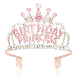 wecoe rose gold birthday princess crown with combs birthday rhinestone tiara headband happy birthday party favors decorations 16th 18th 21st 25th birthday gifts for her