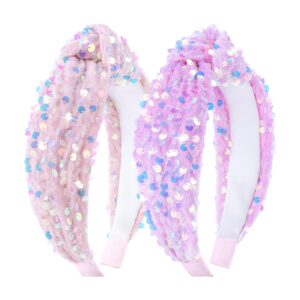 Lanmerry Sequin Knotted Headbands - Sparkly Pink Glitter Velvet Hair Accessories for Girls, Kids 2Pcs