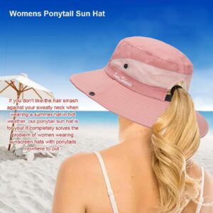 Womens Summer Sun Hat Beach Hat Wide Brim Outdoor UV Protection Hat Packable Mesh Bucket Hat with Ponytail Hole