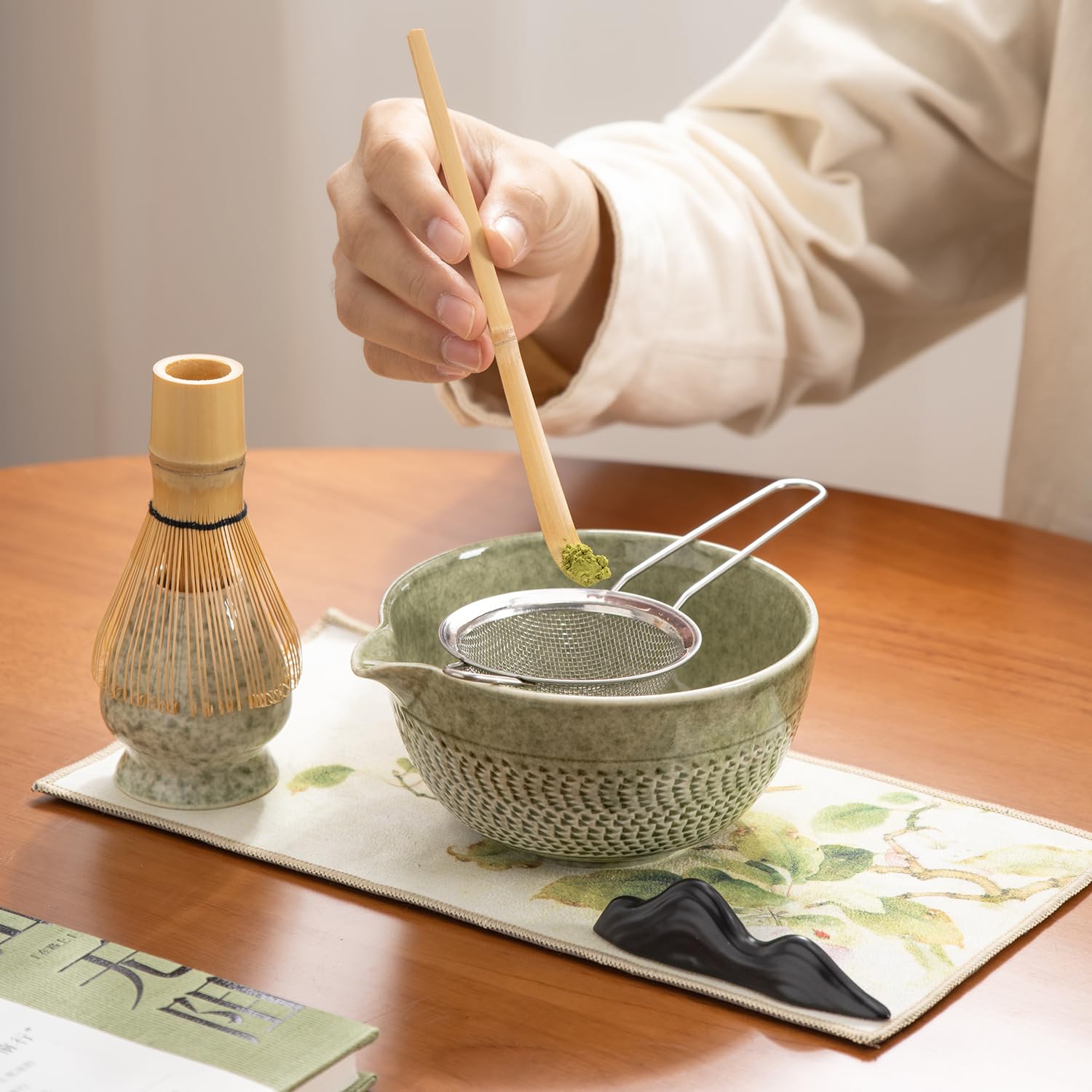 DWEHIXBUY Japanese Matcha Ceremony Accessory, Matcha Whisk, Traditional Scoop (Chashaku), Tea Spoon, Whisk Holder, 1 tea bowl, 1 tea siev, The Perfect Set to Prepare a Traditional Cup of Matcha.