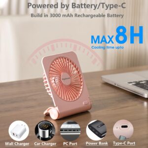 Digibond Pink Mini Desk Fans Small Quiet, 3000mAH Rechargeable High Power USB Fan for Desk Top/Office/Bedroom 4 Speed 5in 225° Rotated Foldable Easy Clean