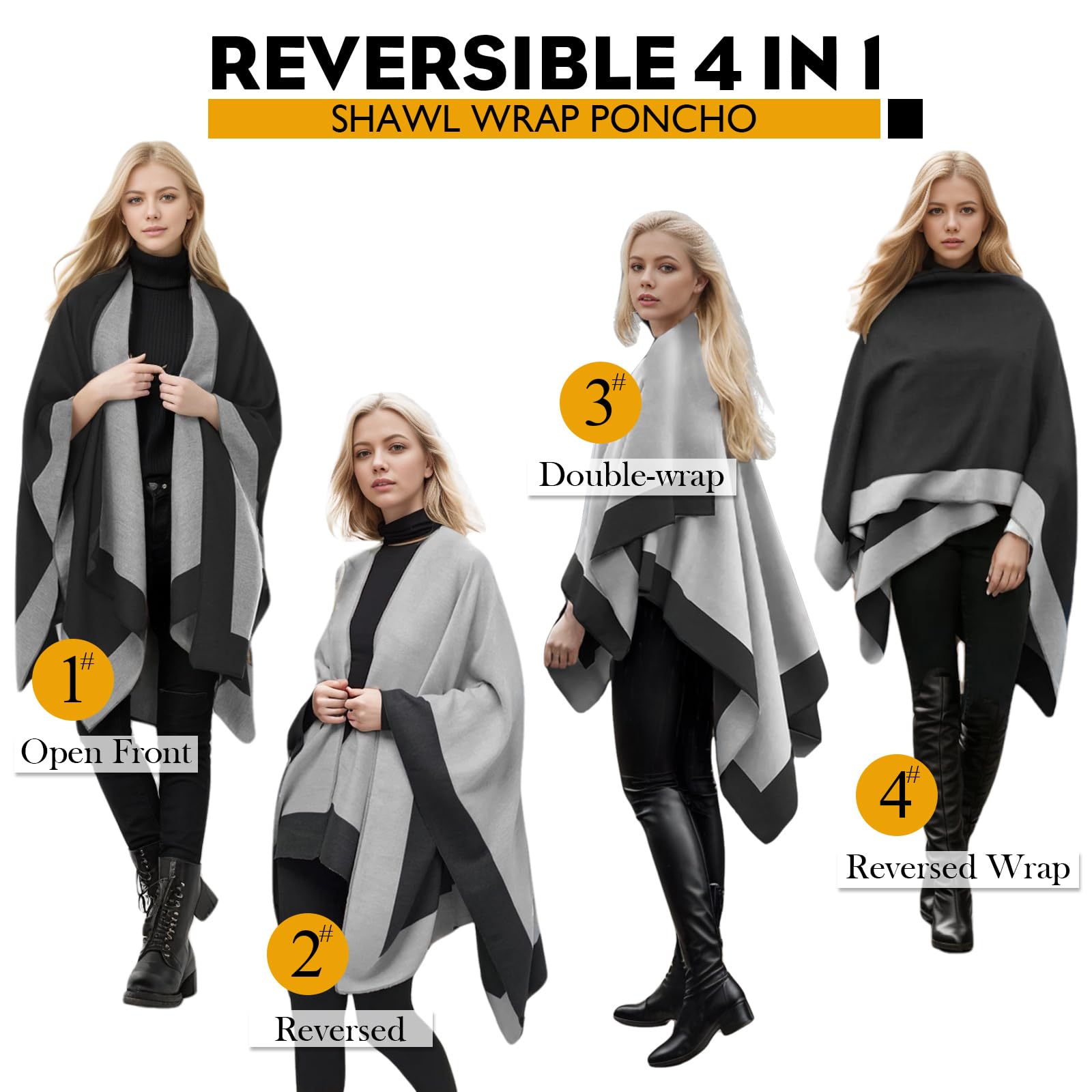 OWIF Women's Shawl Wraps Open Front Poncho Cape Oversized Sweaters Casual Cardigan Shawls for Fall Winter, Border Design-01-Black Gray